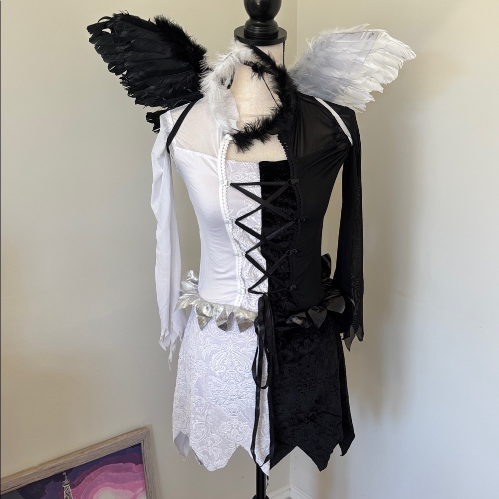 Halloween NWOT Costume Black & White Lace-Up Dress Feather Wings XS